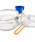 Stainless One Person Mess Kit For Camping And Backpacking, Lightweight Durable Outdoor Dinnerware Set displayed with orange handle