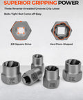18 Piece Bolt Extractor Kit With Three Eighths Inch Drive For Damaged Bolts Nuts And Screws Includes Hex Adapters Perfect For Rounded Off Studs Rusted Or Frozen Parts Ideal For Automotive And DIY Projects showing metal extractors with grips