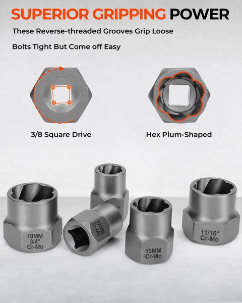 18 Piece Bolt Extractor Kit With Three Eighths Inch Drive For Damaged Bolts Nuts And Screws Includes Hex Adapters Perfect For Rounded Off Studs Rusted Or Frozen Parts Ideal For Automotive And DIY Projects showing metal extractors with grips