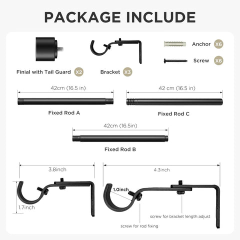 Package contents of Heavy Duty Adjustable Curtain Rods For Windows 32 To 120 Inches Black 1 Inch Diameter Built To Last Sturdy Rods