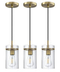 Three Pack Modern Mini Pendant Lights In Brushed Brass With Clear Stripe Glass Shade Five Point Three Inch Hanging Lights