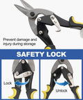 Heavy-Duty 4-Piece Tin Snips And Sheet Metal Bender Set showing safety latch and lock mechanism on ergonomic handles.