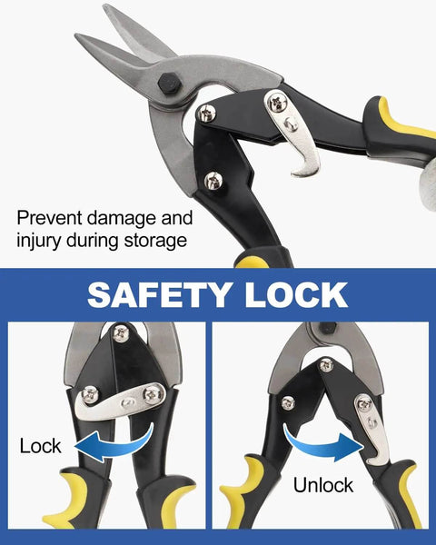Heavy-Duty 4-Piece Tin Snips And Sheet Metal Bender Set showing safety latch and lock mechanism on ergonomic handles.