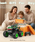 Child opening gift box with Dino Monster Truck RC With LED Lights And Roaring Sound, 1 To 20 Scale All Terrain Off Road Toy Vehicle, 2 4GHz Remote, Built Tough For Kids Aged 8 To 12, Epic Birthday Or Easter Gift, Green nearby
