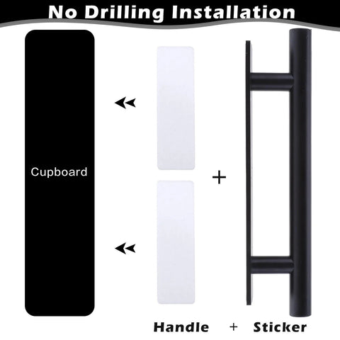 Diagram of 8 Pack Self Adhesive Cabinet Handles In Black ABS Plastic Push Peel And Stick Door Pulls with no drilling installation details.