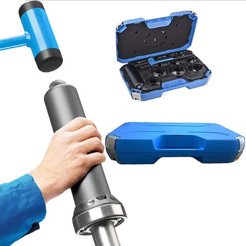 Easy Bearing Install And Removal Kit With 36 Impact Rings And 3 Impact Tools, tool case and hammer displayed