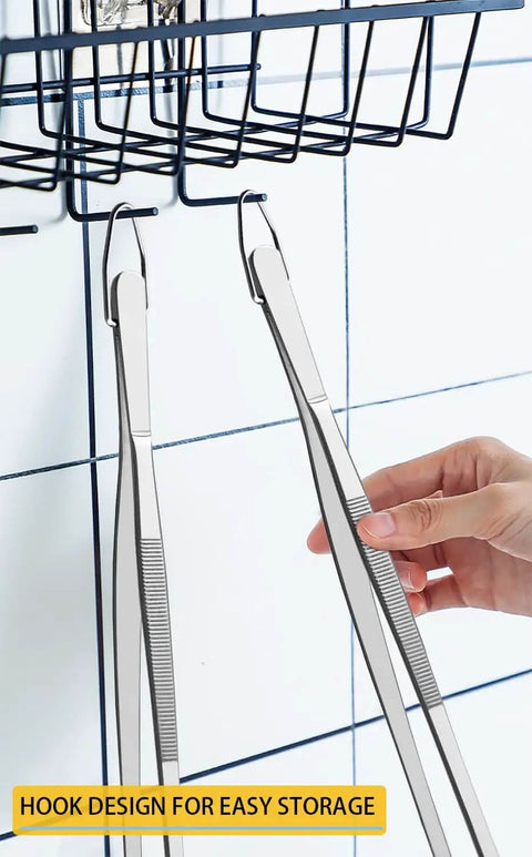 Two Pack 12-Inch Kitchen Tweezers Set hanging on hook, showing extra long stainless steel fine tweezer tongs for flipping and garnishing.