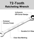 22mm 12 Point Ratcheting Wrench With 72 Tooth Fine Mechanic Grade Cr V Steel Drop Forged Chrome Finish, clear markings visible