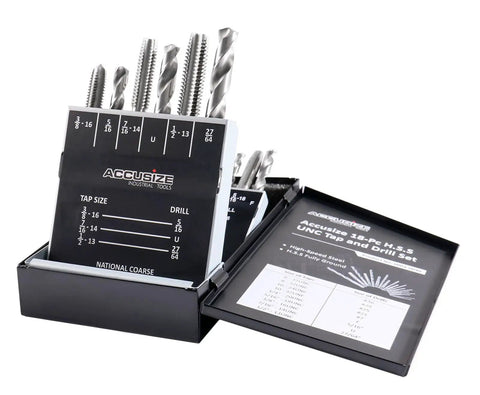 Pro Grade HSS Tap And Drill Set For UNC Threads 18 Piece Kit with taps and drills in metal index, Accusize logo visible