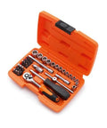 38-Piece Do-It-All Tool Box Set With Hex Sockets And Allen Keys In Bright Orange One Quarter Inch Drive Includes Four To Fourteen Hex Sockets Allen Keys Three To Eight Phillips Slotted And Torx Bits Ratchet With Lock Two Extensions And Socket Wrench organized in open case
