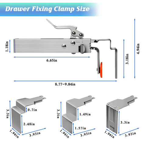 2 Pack Adjustable Drawer Front Installation Clamps Lock Down Cabinet Hardware Alignment Jig with size measurements for easy woodworking.