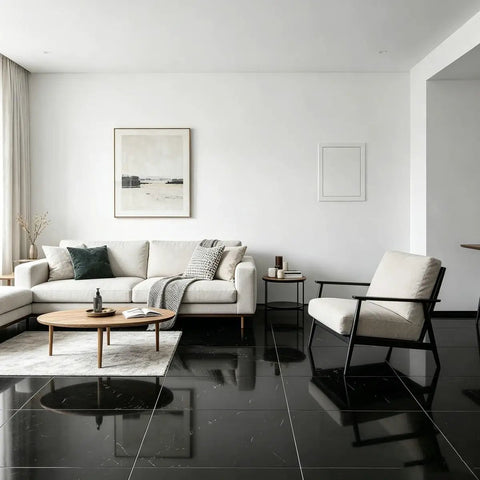 Spacious living room featuring a cozy beige sofa and black tiled floor with wooden coffee table and minimalist decor.