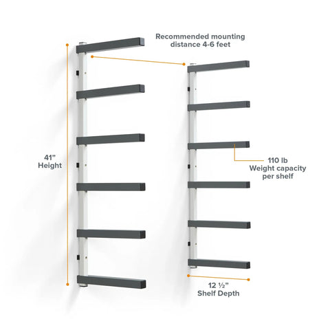 Six Level Wall Mounted Metal Lumber Rack For Garage Organization And Heavy Duty Wood Storage Shelf Pipe Holder Plywood Sheet Stand Optimizing Your Workspace In A Flash 41" height dimensions with shelf capacity details.