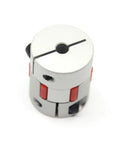 Aluminium shaft coupling, 5x8mm bore, D25 L30; front view with red clamps