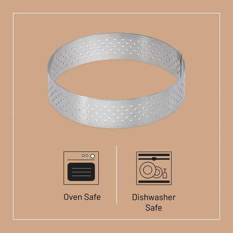Perforated Round Tart Ring 11.25 Inch Diameter 0.8 Inch Height For Golden Crispy Tart Shells, oven and dishwasher safe, silver