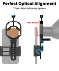 Close-up of Universal Phone Mount Adapter for Spotting Scopes and Telescopes with 3 Axis Precision Alignment, attached to smartphone.