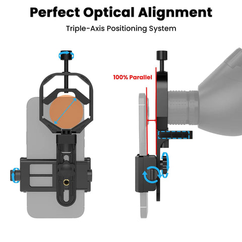 Close-up of Universal Phone Mount Adapter for Spotting Scopes and Telescopes with 3 Axis Precision Alignment, attached to smartphone.