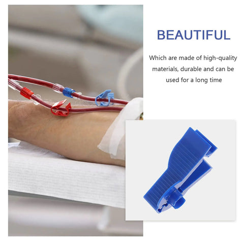 Three Pack Peritoneal Flow Control Clips For Dialysis Tubing And Bag Clamp On The Go Portable ABS Clips Replacement Peritoneal Dialysis Accessories Blue, with detailed view of blue ABS clip on tubing