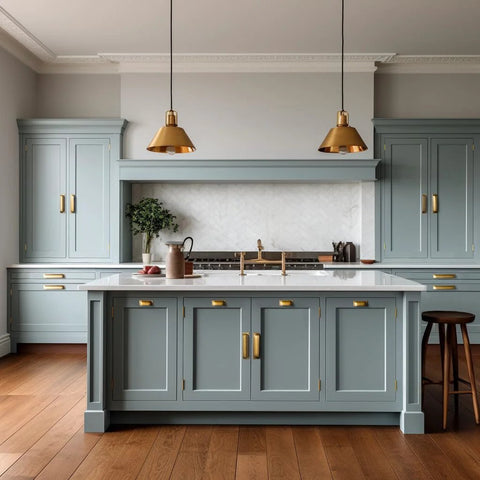 Modern kitchen with blue cabinets featuring Antique Brass Cup Pulls Zinc Alloy Cabinet Hardware, 5 Inch Center, 6 Pack.