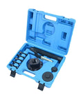 Open blue case containing Pro Grade Wheel Bearing Tool Set With Remover And Extractor For Heavy Duty Bearing Separator And Puller Kit