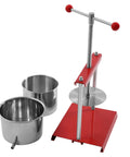 1.6 Gallon No Sweat Manual Press For Fruit Wine And Cheese Real Deal Food Grade Stainless Steel Body with red handle and pressing plates.