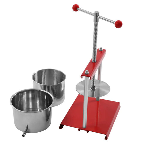 1.6 Gallon No Sweat Manual Press For Fruit Wine And Cheese Real Deal Food Grade Stainless Steel Body with red handle and pressing plates.