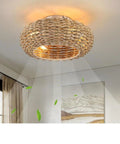 HGUIEPGSQZG Rattan Ceiling Fan with Light - Handcrafted Vintage Style with Remote Control (Model B) in room with light on.