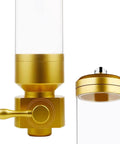 Wall Mounted Coffee Bean Dispenser With Hella Spacious Large Capacity Transparent Acrylic Jar In Slick Gold Finish For Busy Commercial Shops And Top Shelf Home Bars showing gold base and lid.