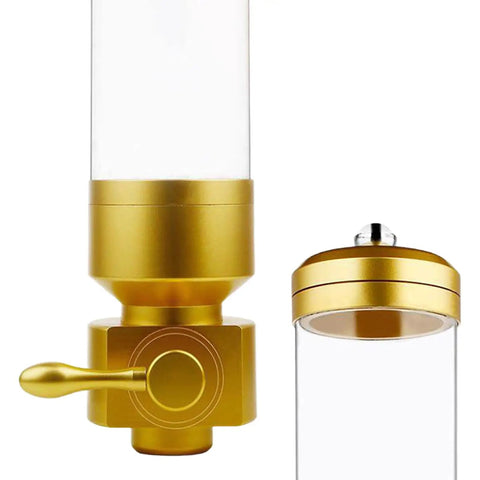 Wall Mounted Coffee Bean Dispenser With Hella Spacious Large Capacity Transparent Acrylic Jar In Slick Gold Finish For Busy Commercial Shops And Top Shelf Home Bars showing gold base and lid.