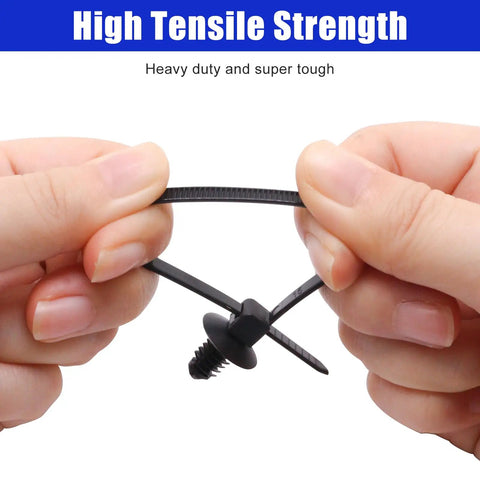 Heavy Kick Butt Christmas Tree Cable Ties Push Mount Auto Zip Ties For Engine Bay Wire Harness Management, showcasing self-locking design and high tensile strength.