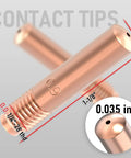Premium 25-Pack 000-068 0.035 Inch MIG Welding Contact Tips showing copper construction and dimensions for Hobart M10 H9 torches.