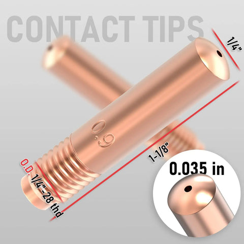 Premium 25-Pack 000-068 0.035 Inch MIG Welding Contact Tips showing copper construction and dimensions for Hobart M10 H9 torches.