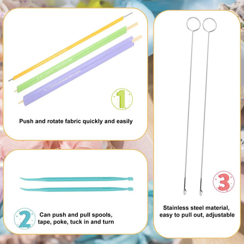 10 Piece Quick Turn Fabric Sewing Tools Set for Loop and Tube Turners and Threaders Perfect for Sewing Threading Crafting and DIY Projects Multifunctional Fabric Turning Tools for Fast and Easy Use showing colorful rods and metal tools