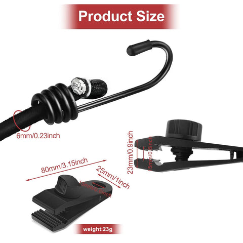 Close-up of Beefed Up 12 Inch Bungee Cords With Hooks And 10 Tarp Clips, showing sizes and dimensions in black color.