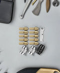 Copper Collet Chuck Set With Nut For Grinders And Drill Presses, 32 Piece Die Collet Kit, arranged with tools on a gray background