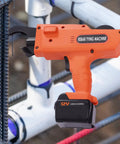 Workhorse Rebar Tie Gun 30 Mm To 60 Mm Cordless Tying Tool with Pliers and Charger for Civil Construction, orange handheld machine.