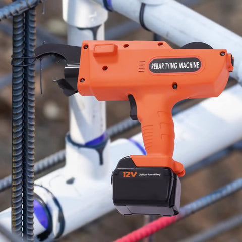 Workhorse Rebar Tie Gun 30 Mm To 60 Mm Cordless Tying Tool with Pliers and Charger for Civil Construction, orange handheld machine.