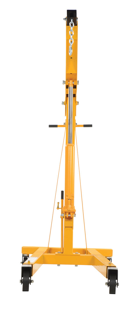 Heavy Duty Steel Engine Hoist With Telescoping Legs And Adjustable Boom Supporting 6000 Lb, front view with hydraulic ram and caster wheels.