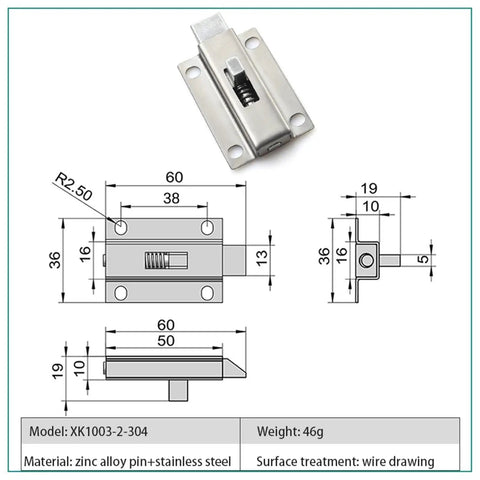 Heavy Duty Stainless Steel Sliding Door Bolt Lock Security Gate Latch dimensions and design specifications on sketched blueprint.
