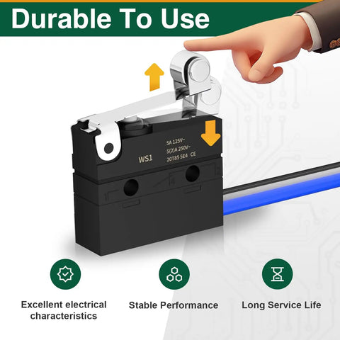 "Waterproof Micro Limit Switch Kit With SPDT 1NO 1NC, IP67 Sealed Roller Lever Arm, 5A 250VAC displayed with durability features"