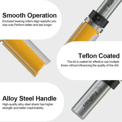 Honest To Goodness 4 Piece Flush Trim Router Bit Set With Heavy Duty Pattern Guide Bearings, Teflon coated and alloy steel handle.