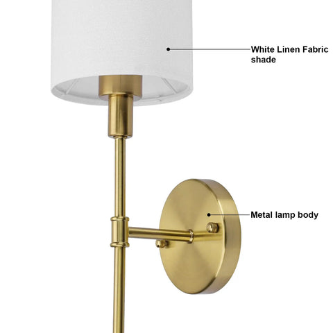 Close-up of brass wall sconce with white fabric shade, gold finish, part of set of 2. Brass Wall Sconce Set Of 2 With White Fabric Shades Sleek Modern Vanity Lights For Bathroom Bedroom Hallway Kitchen Anti Rust Gold Finish Wall Mount Fixtures Bulbs Not Included.