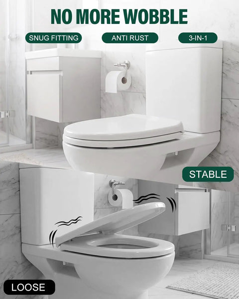 Hella Solid 4 Pack Toilet Seat Screws With Nuts And Washers in a modern bathroom setting demonstrating stable and loose seats.