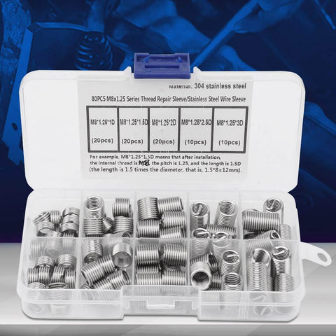 80Pcs M8x1.25 Threaded Inserts Kit In Stainless Steel For Reliable Thread Repair And Reinforcement Anti Loosening Design Durable Drill Sleeve With Handy Storage Box Great For Auto DIYers Furniture Pros And Metal Projects displayed in an open plastic box