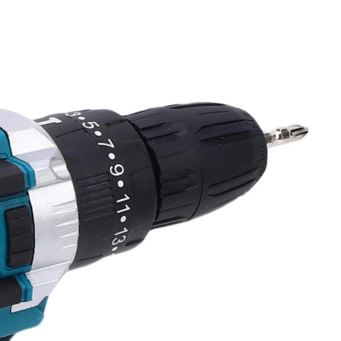 Close-up of Top Shelf 21V Cordless Drill Driver with 10mm keyless chuck and drill bit, suitable for DIY projects.