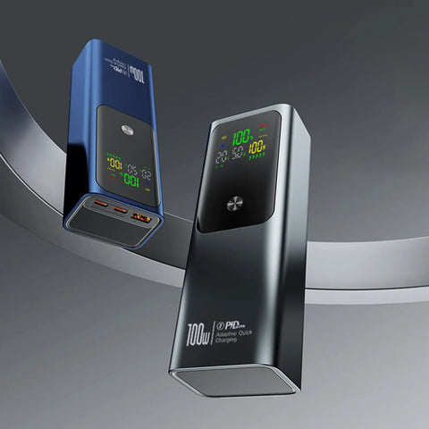 Built Tough 21700 Battery Vault With Four Slot Fast Charge Hub in blue and black, showcasing fast charging interface, ABS housing.
