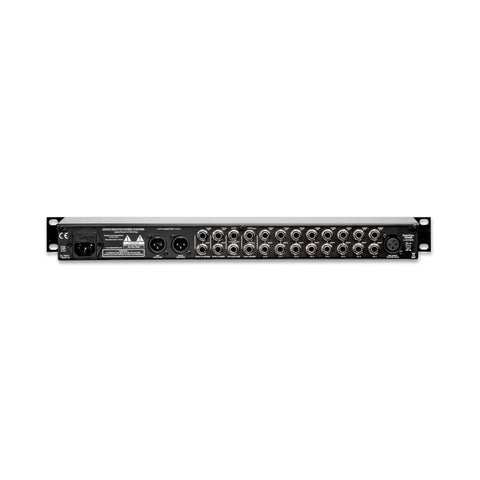 Back view of Eight Channel Rack Mount Stereo Mixer with inputs and outputs, showcasing connection ports and power supply interface.