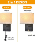 Plug In Wall Sconce Hits Different With Touch Dimmer, options for plug-in or hardwired setup, soft cream fabric shade, matte black base.