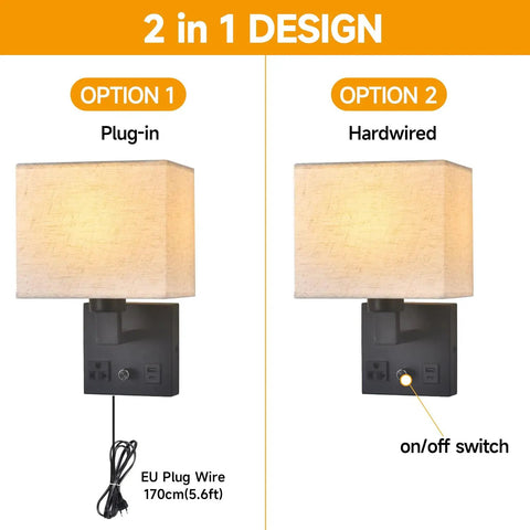Plug In Wall Sconce Hits Different With Touch Dimmer, options for plug-in or hardwired setup, soft cream fabric shade, matte black base.