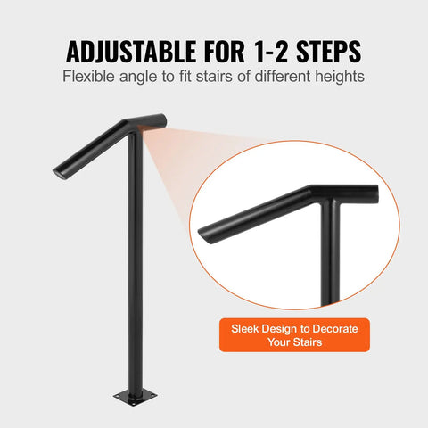 Rock Solid Heavy Duty Outside Step Railing With Matte Black Powder Coat Finish And 330 Lbs Load Rating, adjustable for 1-2 steps.